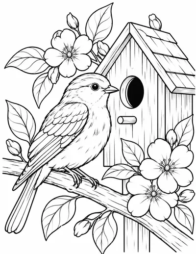 Songbird at a Birdhouse: easy coloring page