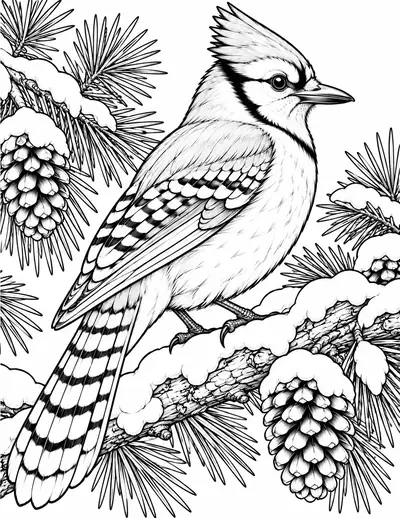 Blue Jay in the Snow, bird: detailed coloring page