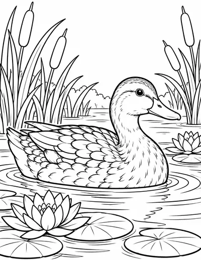 Duck on a Pond, bird: easy coloring page
