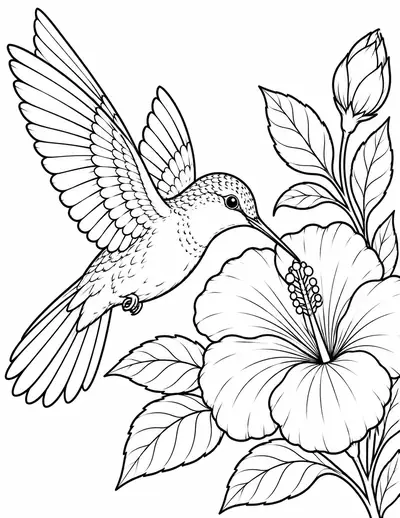 Hummingbird and Hibiscus: easy coloring page