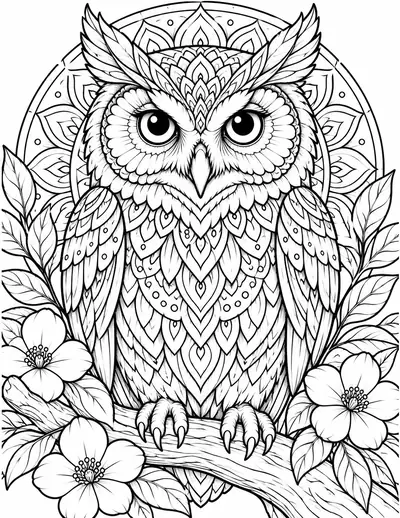 Mandala Owl, bird: detailed coloring page