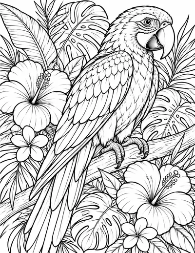 Parrot in the Tropics, bird: detailed coloring page