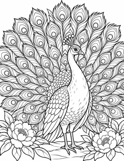 Peacock, bird: detailed coloring page