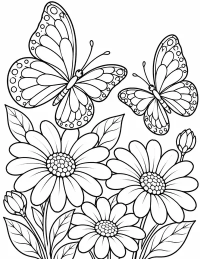 Butterflies and Daisies, butterfly: easy coloring page