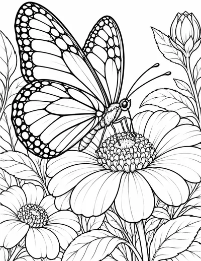 Butterfly in the Flower Bed: easy coloring page