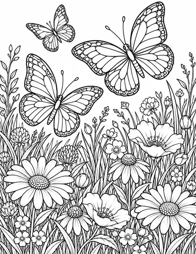 Butterflies over a Meadow, butterfly: detailed coloring page