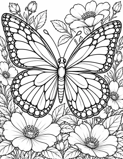 Butterfly in the Flowers: detailed coloring page