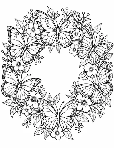 Butterfly Wreath: detailed coloring page