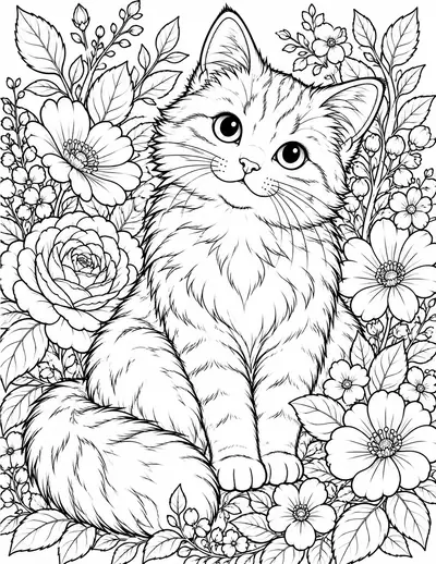 Cat in the Flowers, animal: detailed coloring page