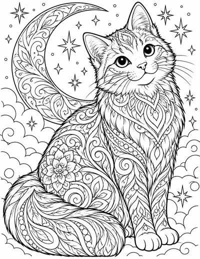 Cat and the Moon, animal: detailed coloring page