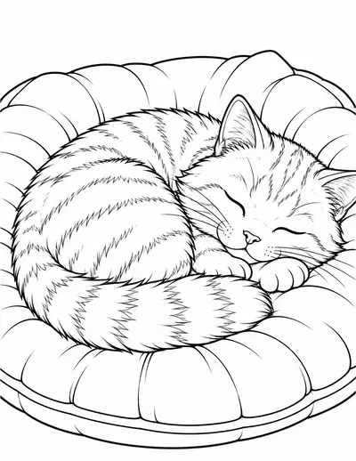 Cat Asleep on a Cushion, animal: easy coloring page
