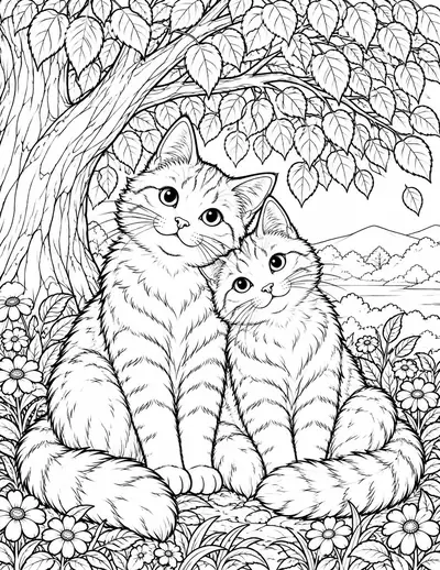 Two Cats under a Tree, animal: detailed coloring page
