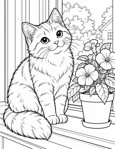 Cat on the Windowsill, animal: easy coloring page