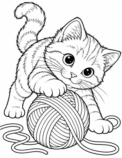 Kitten with Yarn, animal: easy coloring page