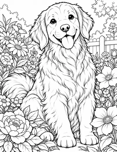 Dog in the Garden, animal: detailed coloring page