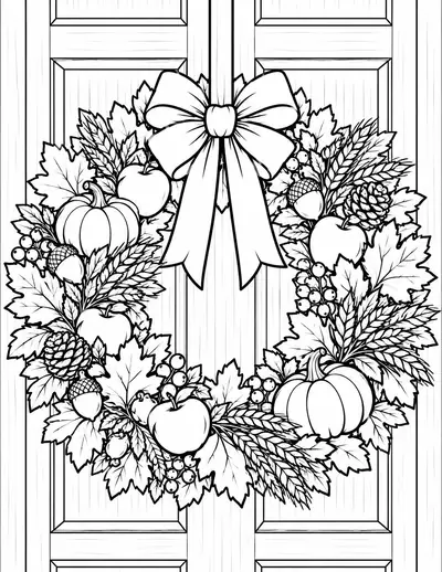 Front Door Wreath fall coloring page for adults, detailed