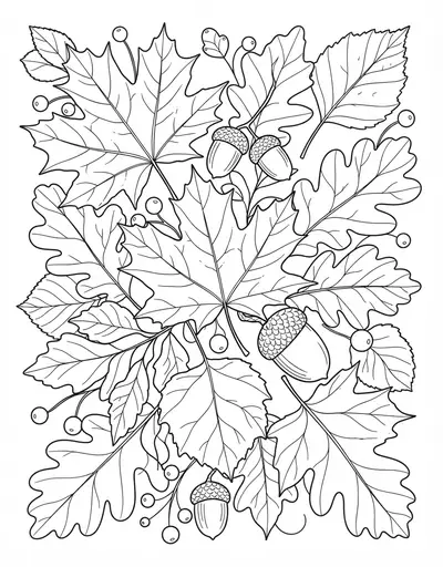 Autumn Leaves and Acorns fall coloring page for adults, detailed