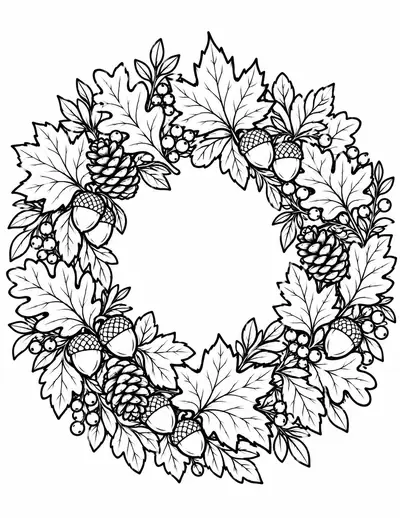 Oak and Maple Leaf Wreath fall coloring page for adults, detailed