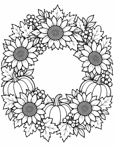 Sunflower Wreath fall coloring page for adults, detailed