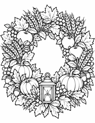 Wheat and Apple Wreath fall coloring page for adults, detailed