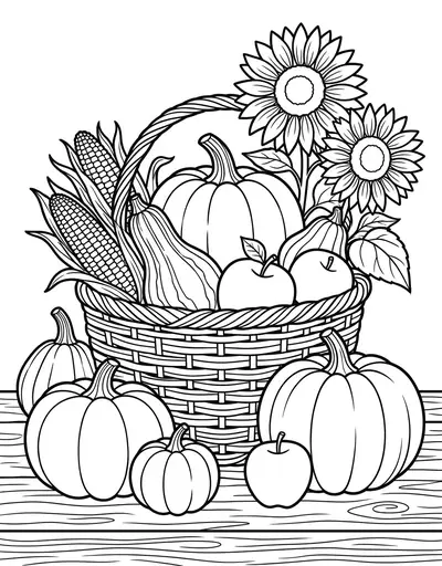 Harvest Basket Thanksgiving coloring page for adults, easy