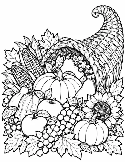 Cornucopia Thanksgiving coloring page for adults, detailed