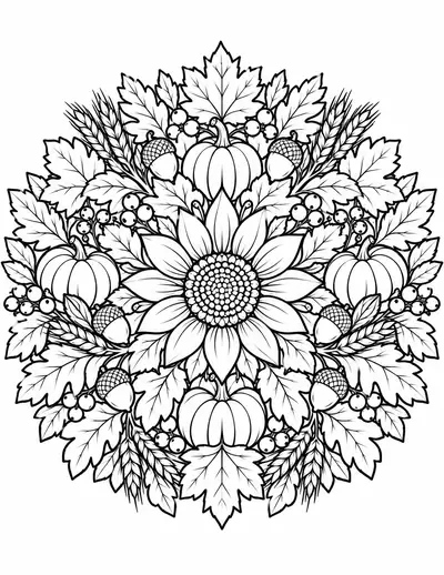 Sunflower Harvest Mandala Thanksgiving coloring page for adults, detailed