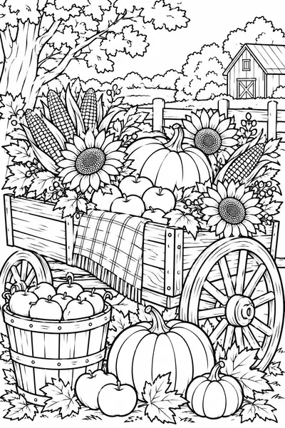 Harvest Wagon Thanksgiving coloring page for adults, detailed