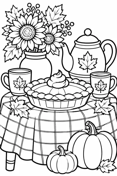 Pumpkin Pie and Tea Thanksgiving coloring page for adults, easy