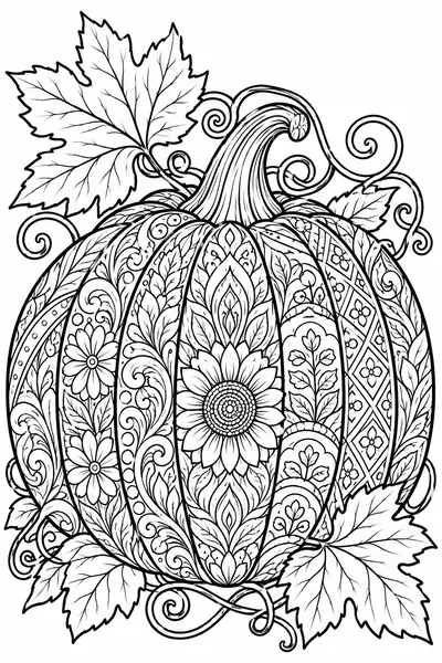 Patterned Pumpkin Thanksgiving coloring page for adults, detailed
