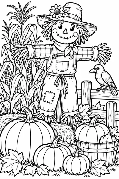 Scarecrow Thanksgiving coloring page for adults, detailed