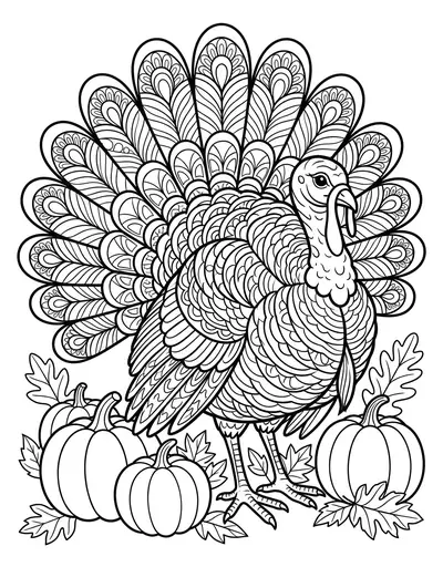 Patterned Turkey Thanksgiving coloring page for adults, detailed