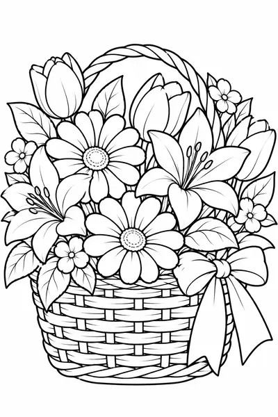 Basket of Flowers flower coloring page for adults, easy