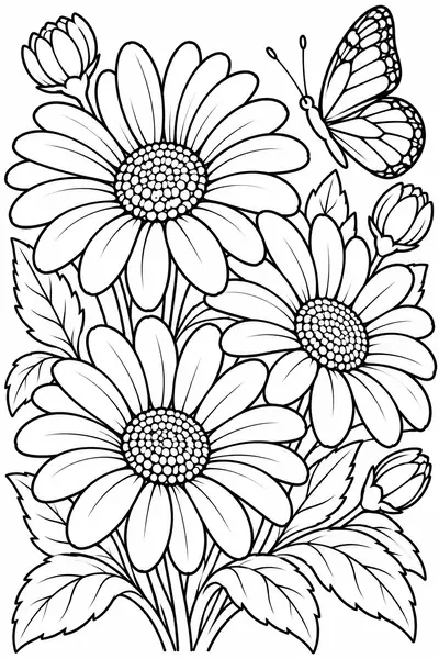 Daisies and a Butterfly flower coloring page for adults, easy