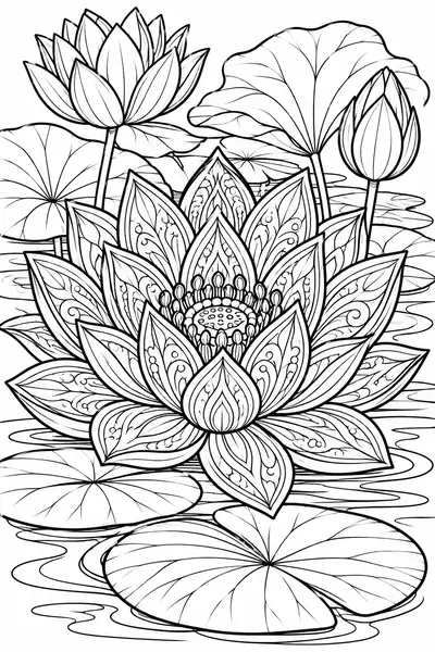 Patterned Lotus flower coloring page for adults, detailed