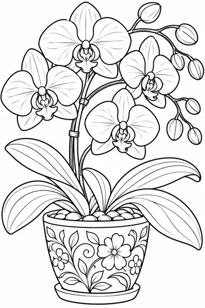Orchid in a Pot flower coloring page for adults, easy