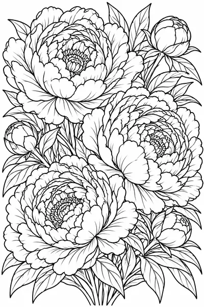 Peonies flower coloring page for adults, detailed