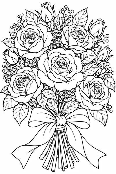 Bouquet of Roses flower coloring page for adults, detailed