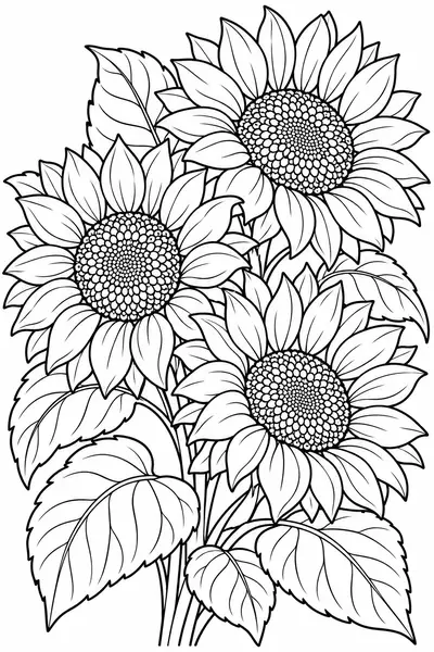 Sunflowers flower coloring page for adults, easy