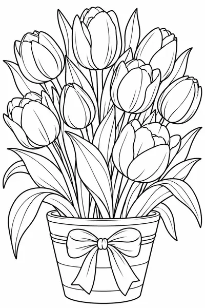 Tulips in a Pot flower coloring page for adults, easy