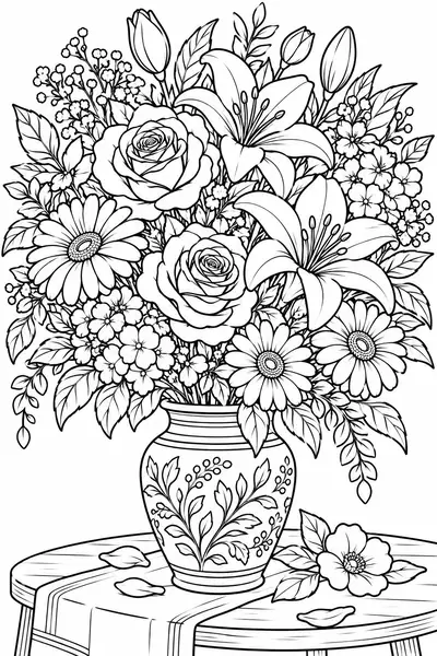 Vase of Mixed Flowers flower coloring page for adults, detailed