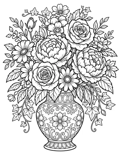 Roses and Peonies in a Vase flower coloring page for adults, detailed