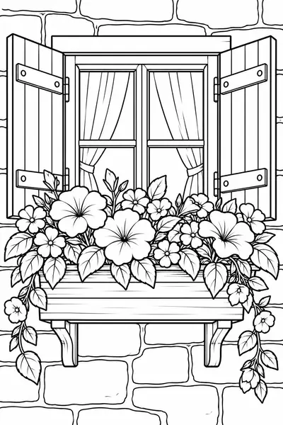 Window Box Flowers flower coloring page for adults, detailed