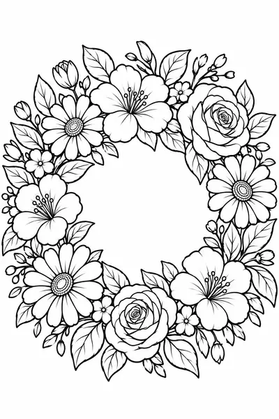 Flower Wreath flower coloring page for adults, detailed