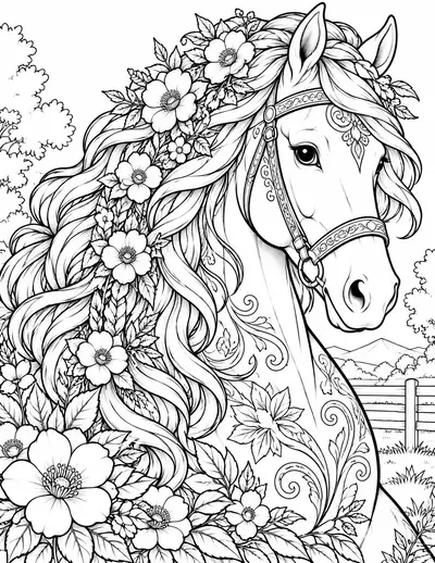 Horse with a Flower Mane, animal: detailed coloring page