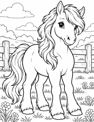 Pony in the Field, animal: easy coloring page