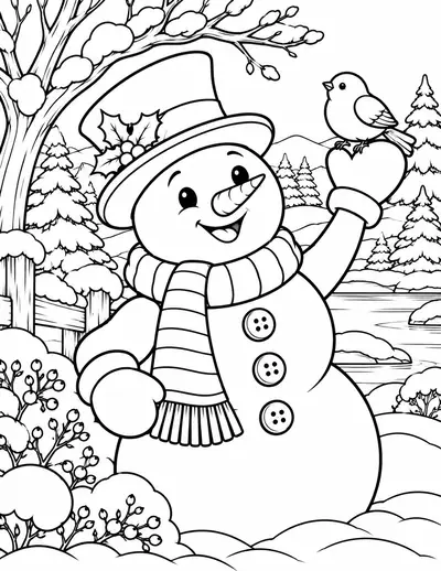 Snowman and a Little Bird: easy coloring page