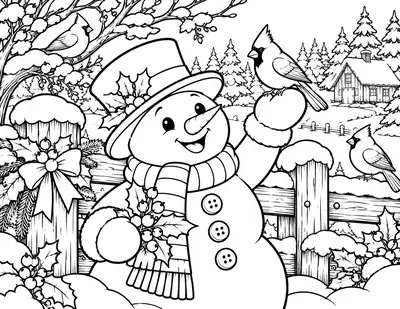 Snowman and Cardinals: detailed coloring page