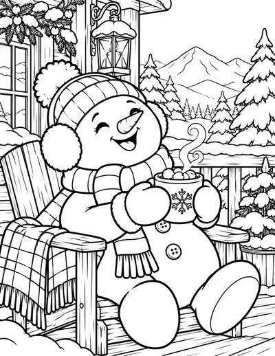 Snowman with Hot Cocoa: easy coloring page