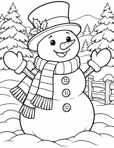 Snowman by the Fence: easy coloring page